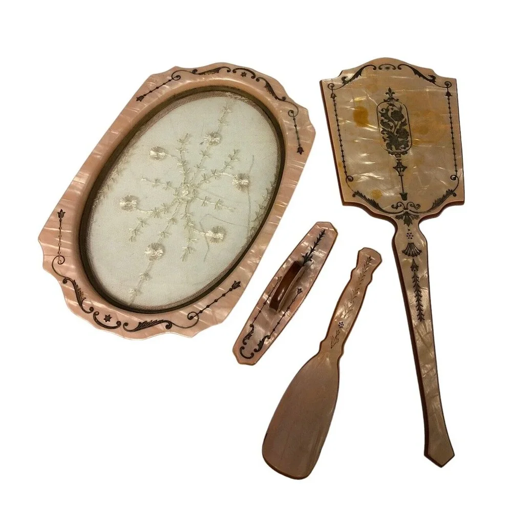 Vtg 4pc Vanity Set Beveled Pearlized Embossed Amber Dresser Tray Mirror Shoehorn